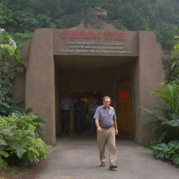 Craft an image of the next day's arrival of Denis Nedry, a conspicuously shifty character, approaching the bright, welcoming facade of the Jurassic Park Visitor Center.