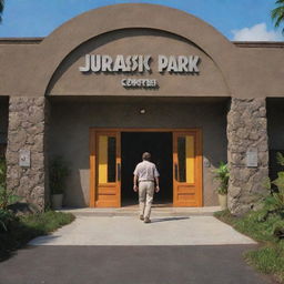 Craft an image of the next day's arrival of Denis Nedry, a conspicuously shifty character, approaching the bright, welcoming facade of the Jurassic Park Visitor Center.