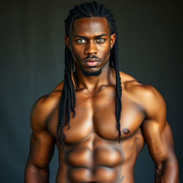 A striking image of a 30-year-old Black man with long braided hair, showcasing his impressive height and robust physique