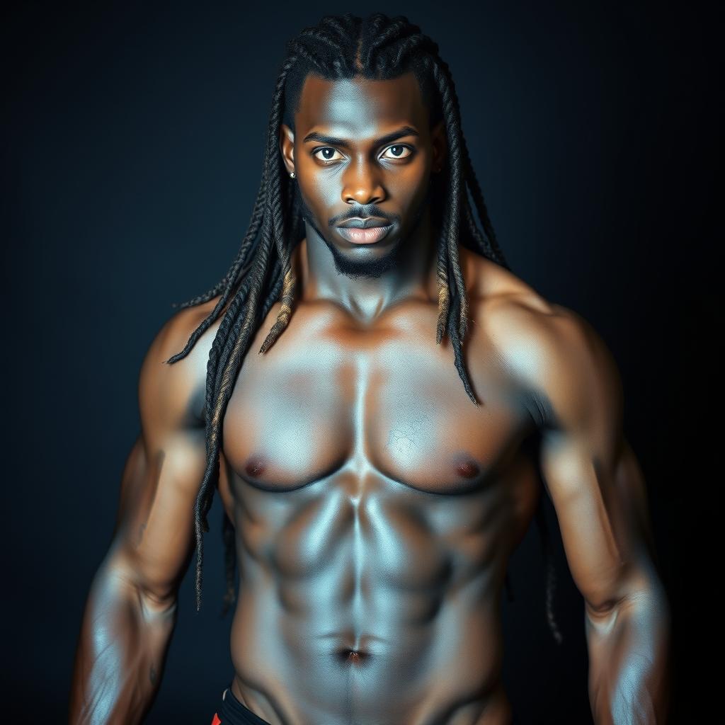 A striking image of a 30-year-old Black man with long braided hair, showcasing his impressive height and robust physique