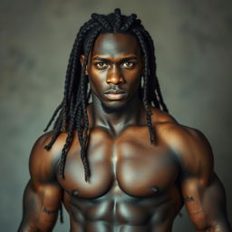 A striking image of a 30-year-old Black man with long braided hair, showcasing his impressive height and robust physique