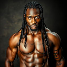 A striking image of a 30-year-old Black man with long braided hair, showcasing his impressive height and robust physique