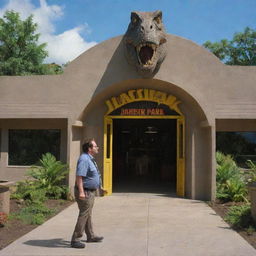 Craft an image of the next day's arrival of Denis Nedry, a conspicuously shifty character, approaching the bright, welcoming facade of the Jurassic Park Visitor Center.