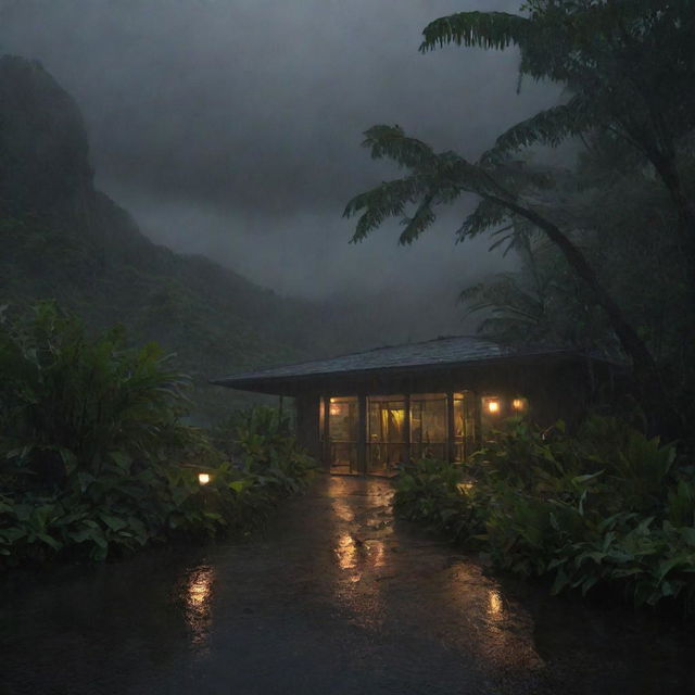 Generate a moody image of Isla Nublar at night during a heavy rainstorm, the foliage bending under the gusts, and the Visitor Center's lights reflecting off the wet surfaces.