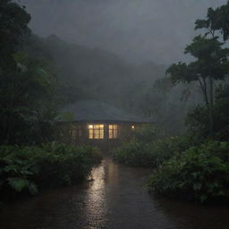 Generate a moody image of Isla Nublar at night during a heavy rainstorm, the foliage bending under the gusts, and the Visitor Center's lights reflecting off the wet surfaces.