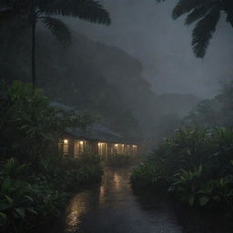 Generate a moody image of Isla Nublar at night during a heavy rainstorm, the foliage bending under the gusts, and the Visitor Center's lights reflecting off the wet surfaces.