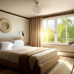 An ideally organized and beautifully decorated bedroom with modern furniture, natural sunlight streaming through large windows, and personal touches that radiate a warm, welcoming ambience