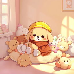 A cute, fluffy golden retriever-like character named Pompompurin, wearing a classic yellow beret and a brown scarf, lounging comfortably on a cozy cushion surrounded by various adorable plush toys