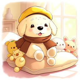 A cute, fluffy golden retriever-like character named Pompompurin, wearing a classic yellow beret and a brown scarf, lounging comfortably on a cozy cushion surrounded by various adorable plush toys