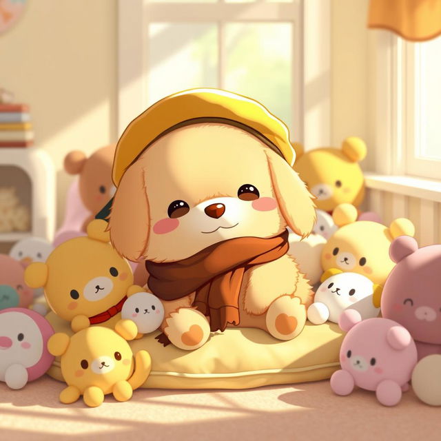 A cute, fluffy golden retriever-like character named Pompompurin, wearing a classic yellow beret and a brown scarf, lounging comfortably on a cozy cushion surrounded by various adorable plush toys