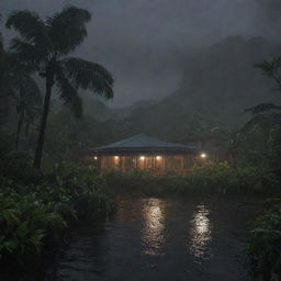 Generate a moody image of Isla Nublar at night during a heavy rainstorm, the foliage bending under the gusts, and the Visitor Center's lights reflecting off the wet surfaces.