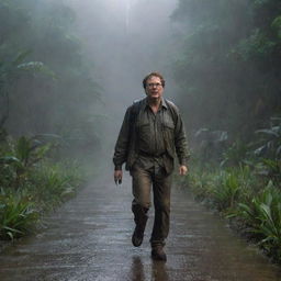 Create an image of Denis Nedry traversing the rain-soaked landscape of Isla Nublar, making his way to the brilliantly lit control room in the heart of the Visitor Center.