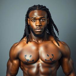 A powerful image of a 30-year-old Black man with long braided hair, showcasing his impressive height and muscular, well-defined physique