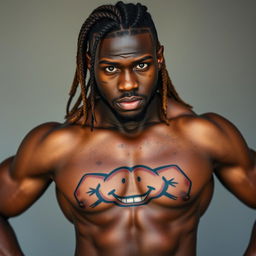 A powerful image of a 30-year-old Black man with long braided hair, showcasing his impressive height and muscular, well-defined physique