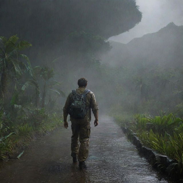 Create an image of Denis Nedry traversing the rain-soaked landscape of Isla Nublar, making his way to the brilliantly lit control room in the heart of the Visitor Center.