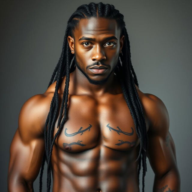 A powerful image of a 30-year-old Black man with long braided hair, showcasing his impressive height and muscular, well-defined physique