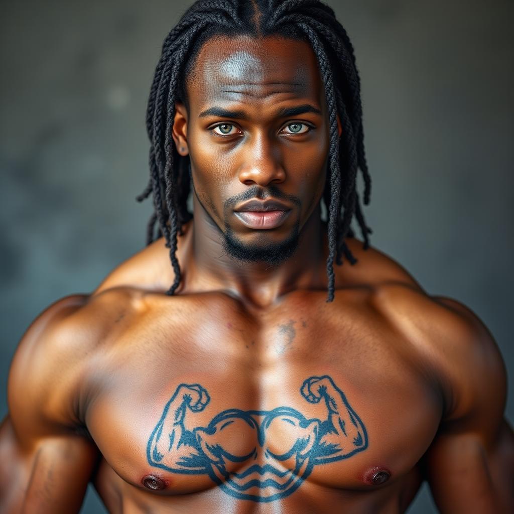 A powerful image of a 30-year-old Black man with long braided hair, showcasing his impressive height and muscular, well-defined physique