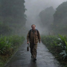 Create an image of Denis Nedry traversing the rain-soaked landscape of Isla Nublar, making his way to the brilliantly lit control room in the heart of the Visitor Center.