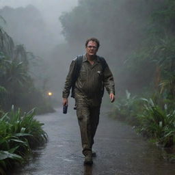 Create an image of Denis Nedry traversing the rain-soaked landscape of Isla Nublar, making his way to the brilliantly lit control room in the heart of the Visitor Center.