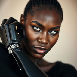 A striking image of a dark-skinned woman with light-colored eyes that shine with intelligence and strength