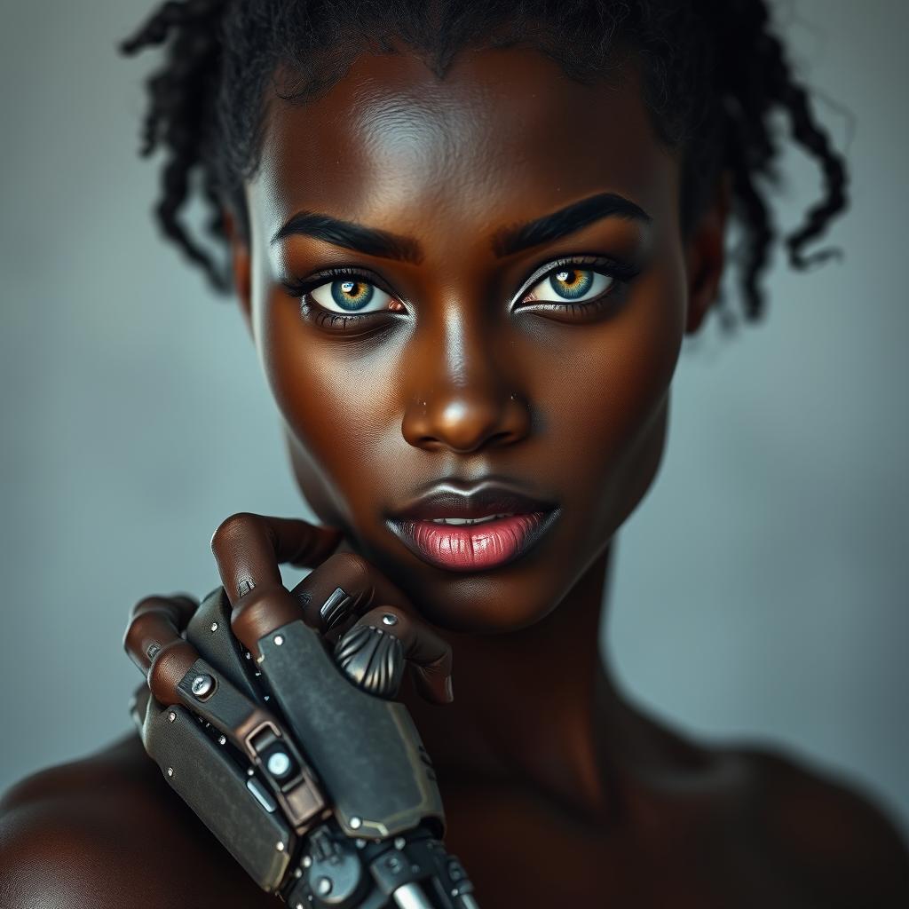 A striking image of a dark-skinned woman with light-colored eyes that shine with intelligence and strength