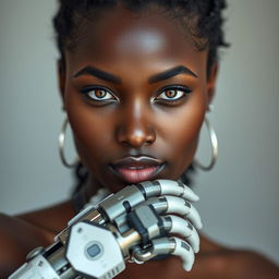 A striking image of a dark-skinned woman with light-colored eyes that shine with intelligence and strength