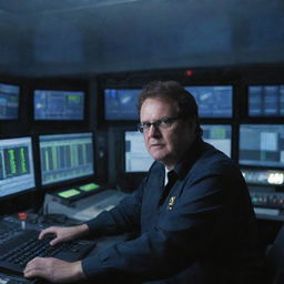 Craft an image of Denis Nedry finally in the control room, filled with rows of monitors casting an eerie glow, while the rain continues to pour outside visible through the room's windows.