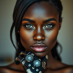 A striking image of a dark-skinned woman with light-colored eyes that shine with intelligence and strength