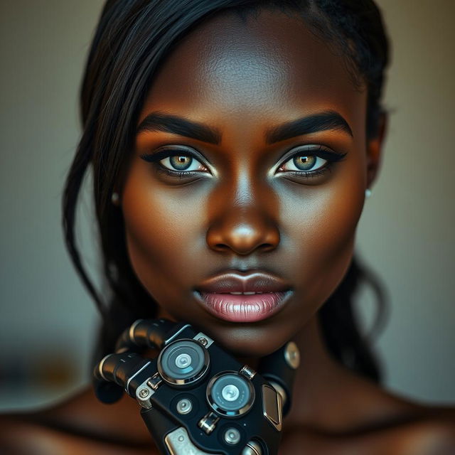 A striking image of a dark-skinned woman with light-colored eyes that shine with intelligence and strength