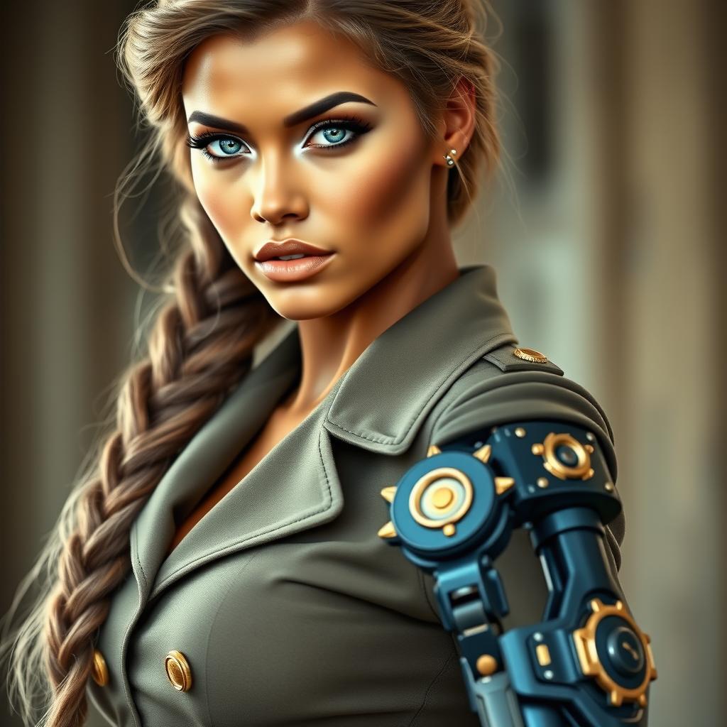 An alluring image of a light-brown-skinned woman with striking icy blue eyes that captivate and draw attention