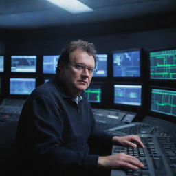 Craft an image of Denis Nedry finally in the control room, filled with rows of monitors casting an eerie glow, while the rain continues to pour outside visible through the room's windows.