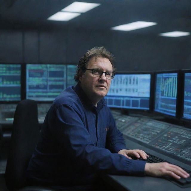 Craft an image of Denis Nedry finally in the control room, filled with rows of monitors casting an eerie glow, while the rain continues to pour outside visible through the room's windows.