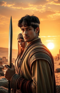 A scene set in ancient ruins amidst vast deserts, featuring a handsome prince in traditional regal attire, holding a dagger firmly in his right hand