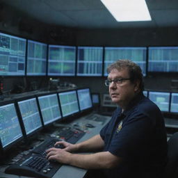 Craft an image of Denis Nedry finally in the control room, filled with rows of monitors casting an eerie glow, while the rain continues to pour outside visible through the room's windows.