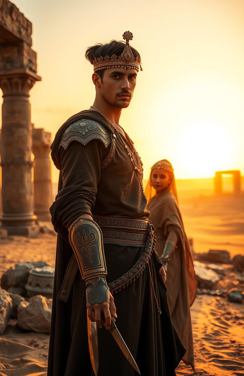 A scene set in ancient ruins amidst vast deserts, featuring a handsome prince in traditional regal attire, holding a dagger firmly in his right hand