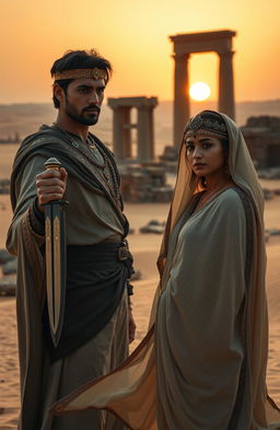 A scene set in ancient ruins amidst vast deserts, featuring a handsome prince in traditional regal attire, holding a dagger firmly in his right hand