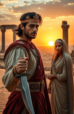 A scene set in ancient ruins amidst vast deserts, featuring a handsome prince in traditional regal attire, holding a dagger firmly in his right hand
