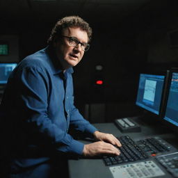 Generate an image of Denis Nedry in the control room, reaching over a computer console to shut off all the power, plunging the room into darkness.