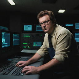 Generate an image of Denis Nedry in the control room, reaching over a computer console to shut off all the power, plunging the room into darkness.