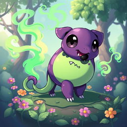 A charming new Poison Type Pokémon character design, featuring a small, vibrant creature with a round body, adorned in rich purple and green hues