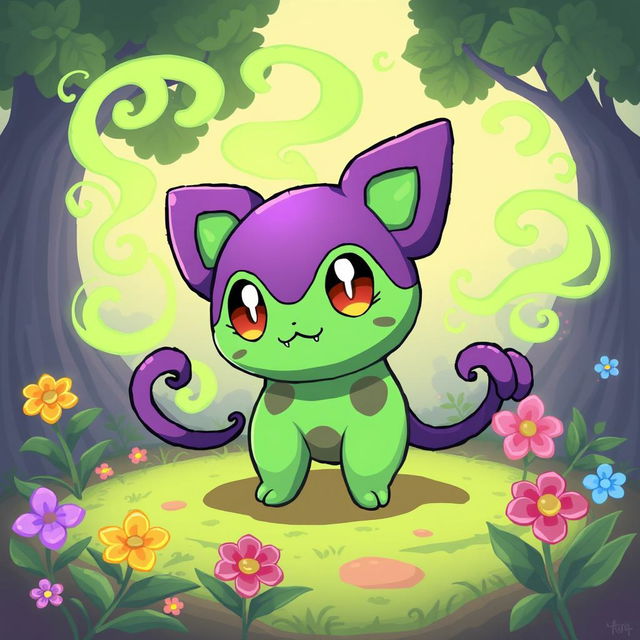 A charming new Poison Type Pokémon character design, featuring a small, vibrant creature with a round body, adorned in rich purple and green hues