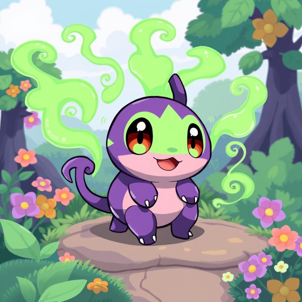 A charming new Poison Type Pokémon character design, featuring a small, vibrant creature with a round body, adorned in rich purple and green hues