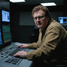 Generate an image of Denis Nedry in the control room, reaching over a computer console to shut off all the power, plunging the room into darkness.