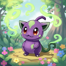 A charming new Poison Type Pokémon character design, featuring a small, vibrant creature with a round body, adorned in rich purple and green hues
