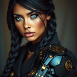 An enchanting image of a light-brown-skinned woman with striking icy blue eyes that radiate allure