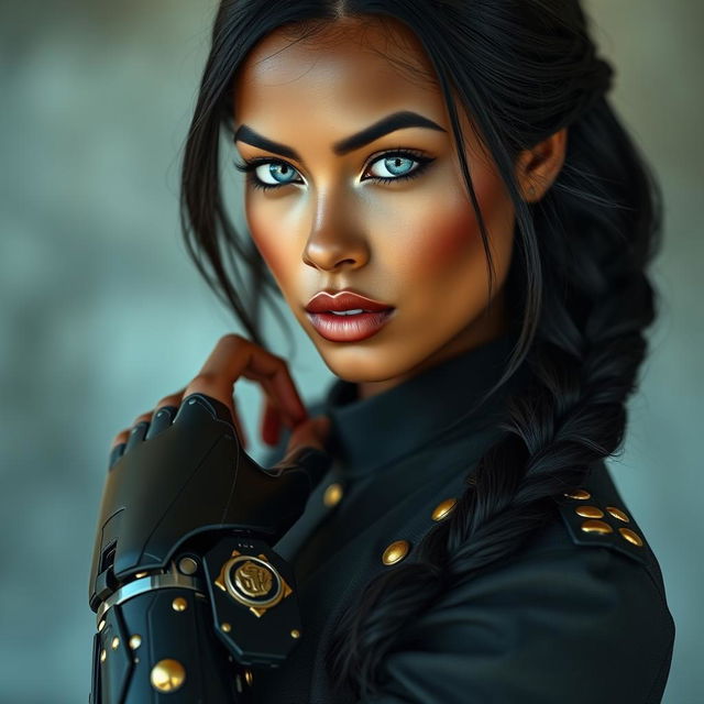 An enchanting image of a light-brown-skinned woman with striking icy blue eyes that radiate allure