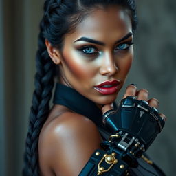 An enchanting image of a light-brown-skinned woman with striking icy blue eyes that radiate allure