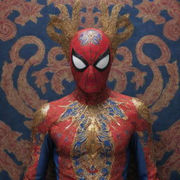 An interpretation of Spiderman's costume influenced by Indonesian culture, featuring traditional Batik patterns integrated into the iconic red and blue design, with gold accents resembling ancient Javanese superhero, and headdress inspired by Wayang Kulit puppetry