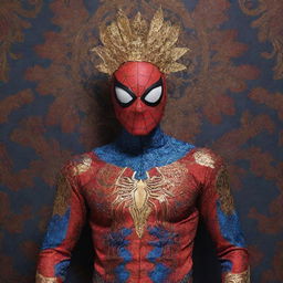 An interpretation of Spiderman's costume influenced by Indonesian culture, featuring traditional Batik patterns integrated into the iconic red and blue design, with gold accents resembling ancient Javanese superhero, and headdress inspired by Wayang Kulit puppetry