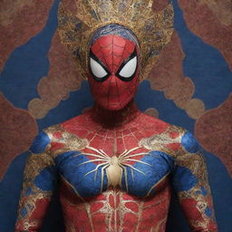 An interpretation of Spiderman's costume influenced by Indonesian culture, featuring traditional Batik patterns integrated into the iconic red and blue design, with gold accents resembling ancient Javanese superhero, and headdress inspired by Wayang Kulit puppetry